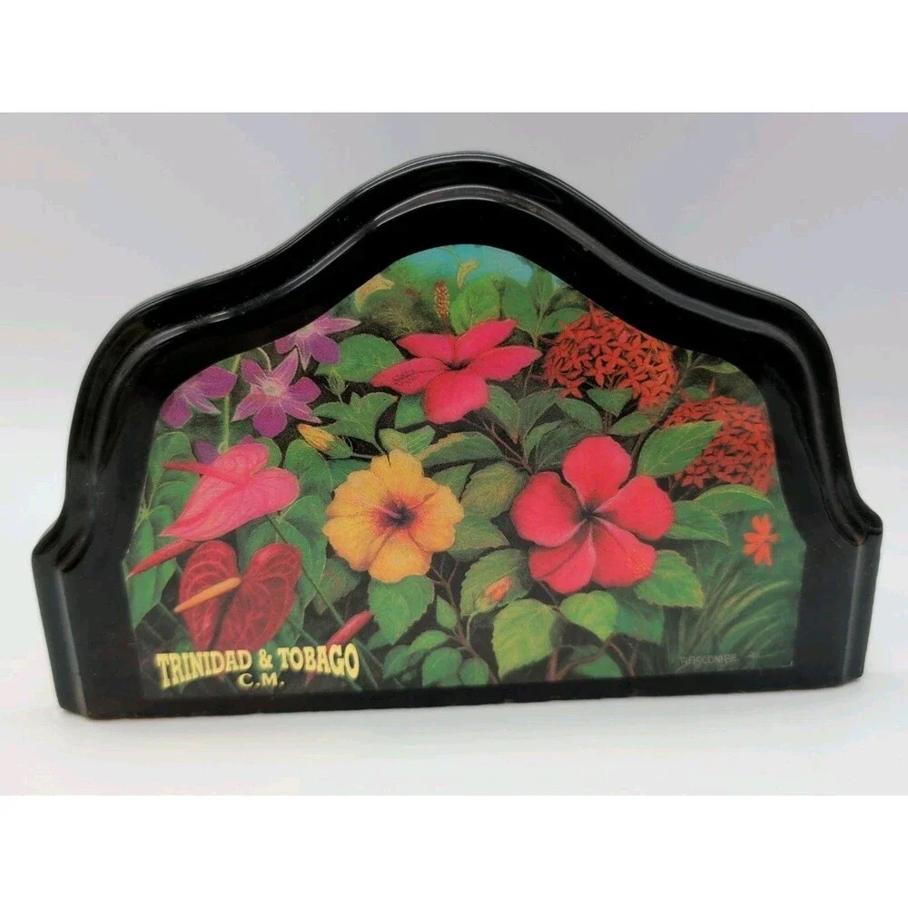 Vtg Black Lacquer Napkin Letter Holder Tropical Hibiscus Toucan Macaw Bascombe